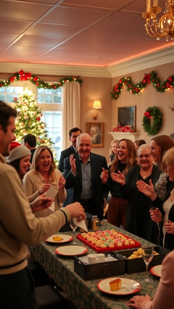 Guests enjoying fun Christmas party games in a festive setting.